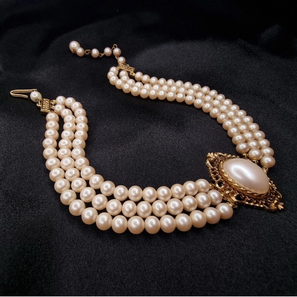 Richfield Jewelry - "Signed Richfield choker - three strands of creamy faux pearls,
